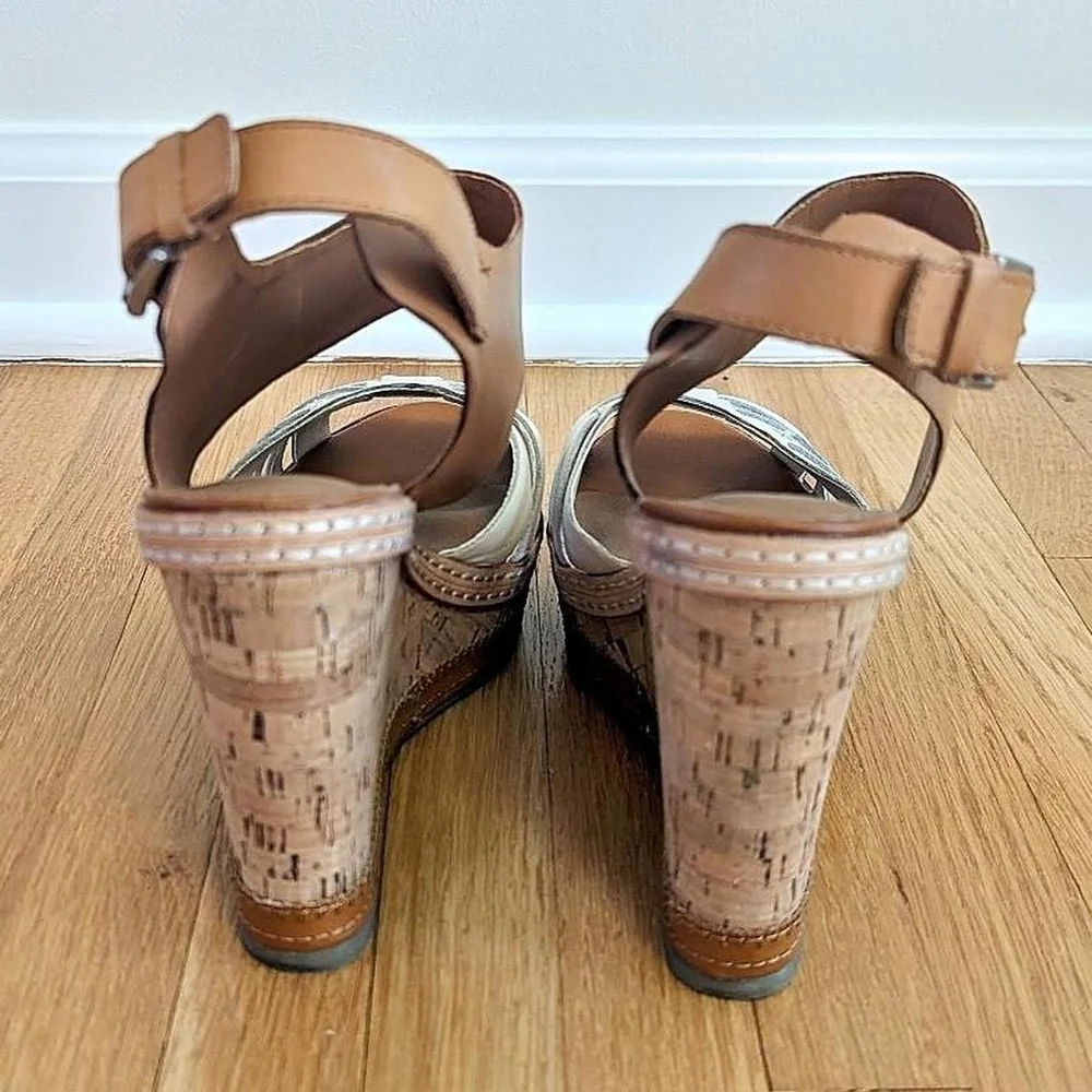 Women's Tan and White Wedge Sandals